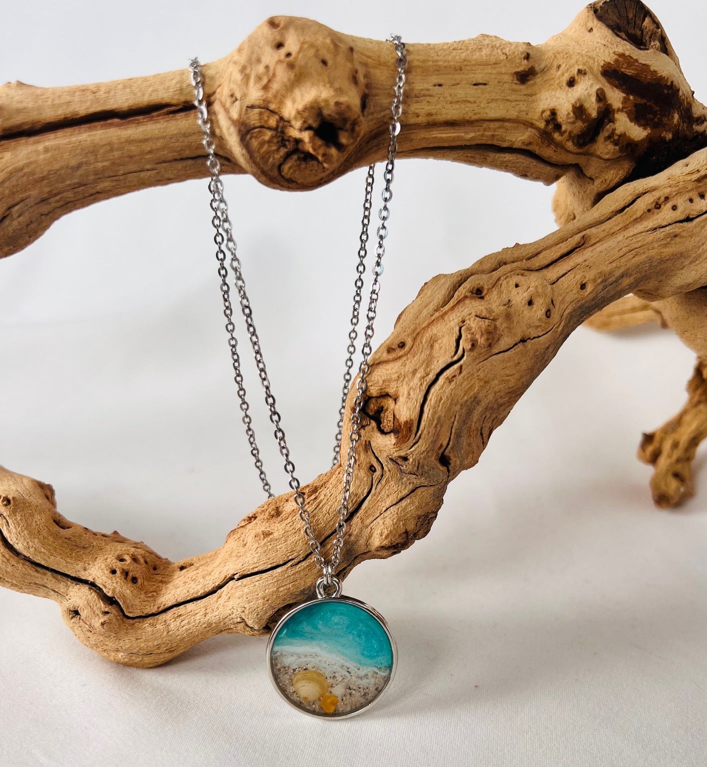 Large Round Aqua Beach Pendant with tiny Sea Shells!