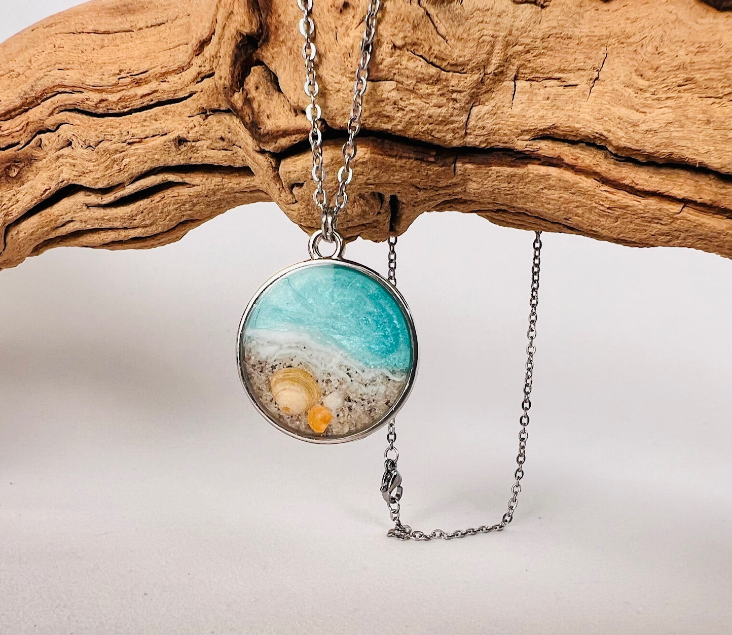 Large Round Aqua Beach Pendant with tiny Sea Shells!